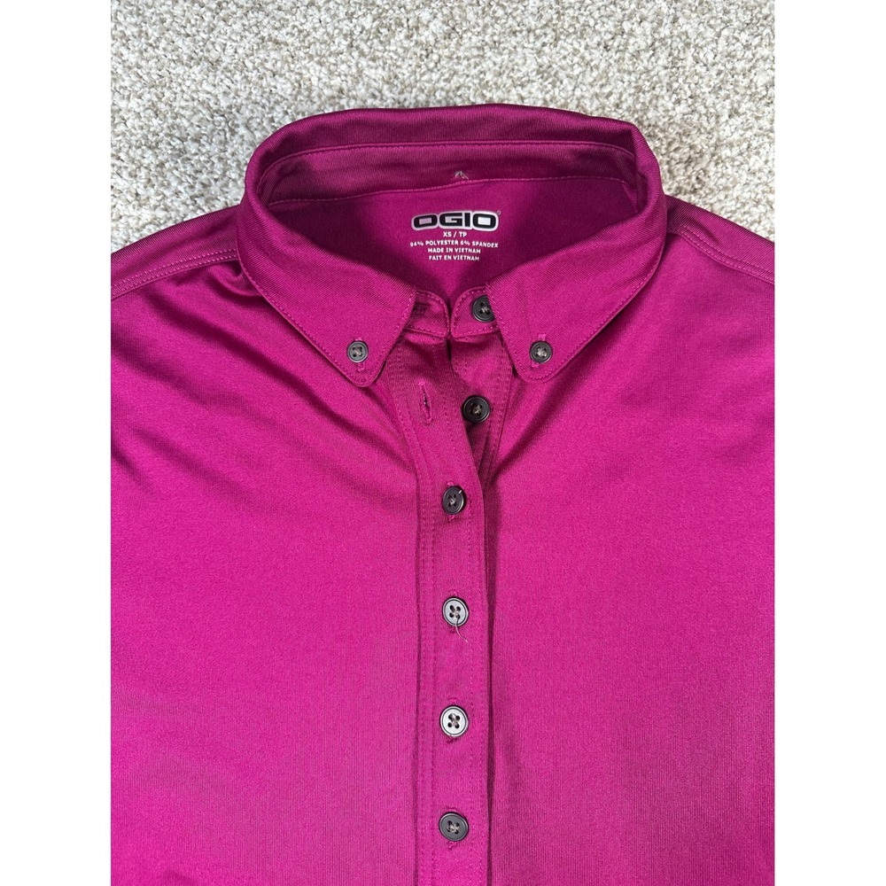 OGIO Womens Magenta Pink 3/4 Sleeve Button Down Polo Shirt Size XS Performance